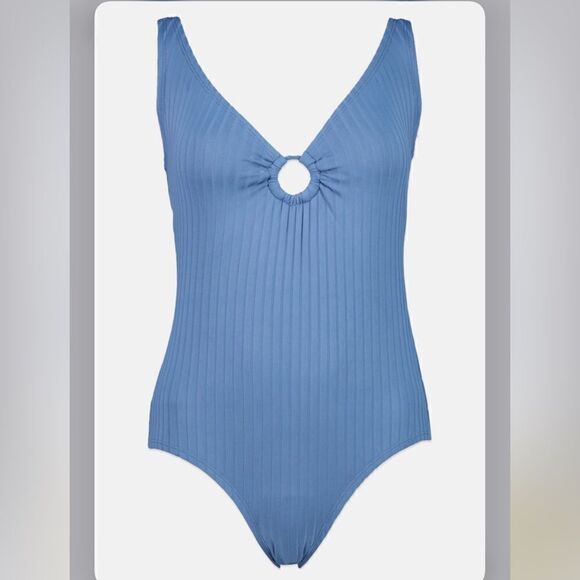 Kona Sol Blue Textured Stripe Ring Front Tie Back One Piece Bathing Suit - Picture 6 of 16